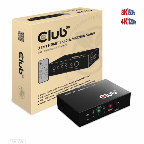 Club 3D CLUB3D 3 to 1 HDMI™ 8K60Hz/4K120Hz Switch