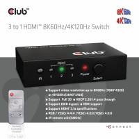 Produktbild för Club 3D CSV-1381 - video-/ljudomkopplare - 3-till-1, 8K 60 Hz/4K 120 Hz - 4 portar