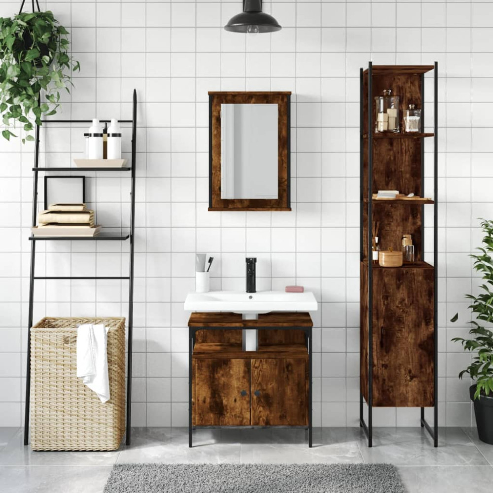 Produktbild för Badrumsmöbler set 3 delar rökfärgad ek konstruerat trä