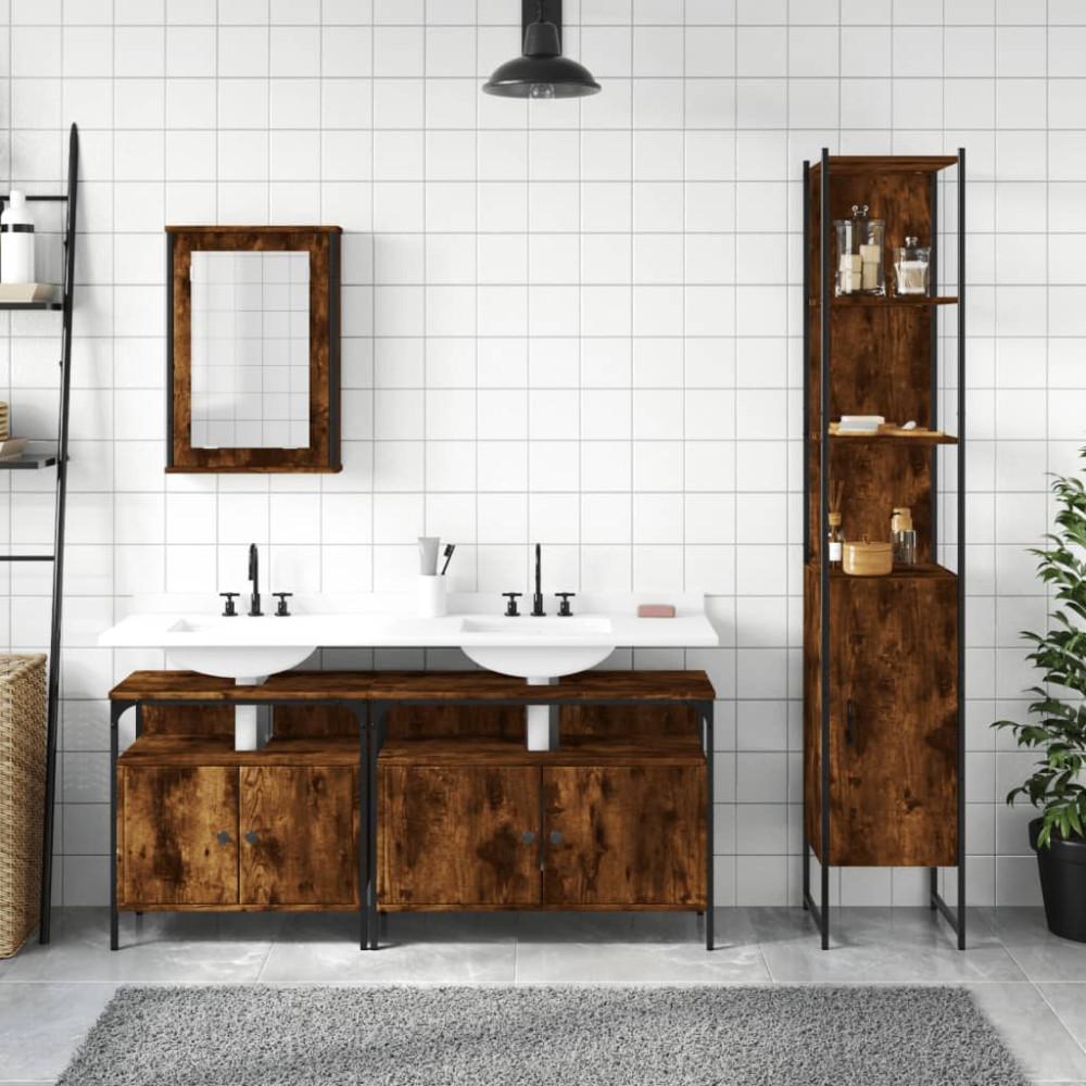 Produktbild för Badrumsmöbler set 4 delar rökfärgad ek konstruerat trä
