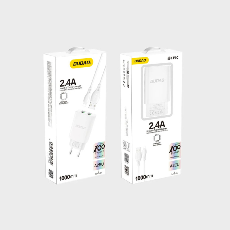 Produktbild för DUDAO EU charger 2xUSB 2.4A 5V white Lightning cab Universal Vit AC inomhus