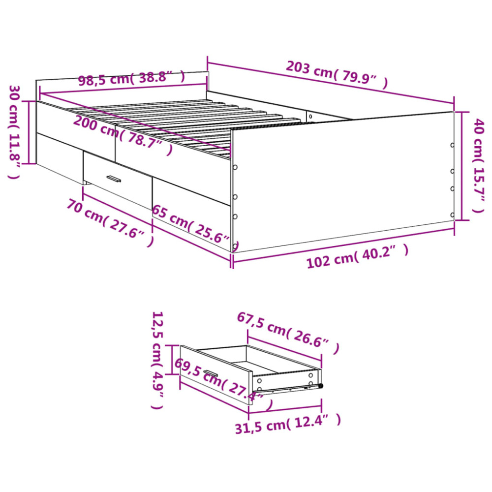 Produktbild för Sängram med lådor rökfärgad ek 100x200 cm konstruerad trä