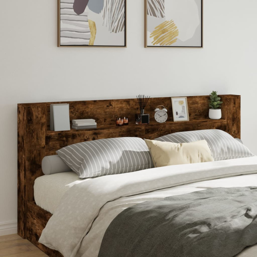 Produktbild för Sänggavel med LED rökfärgad ek 220x16,5x103,5 cm