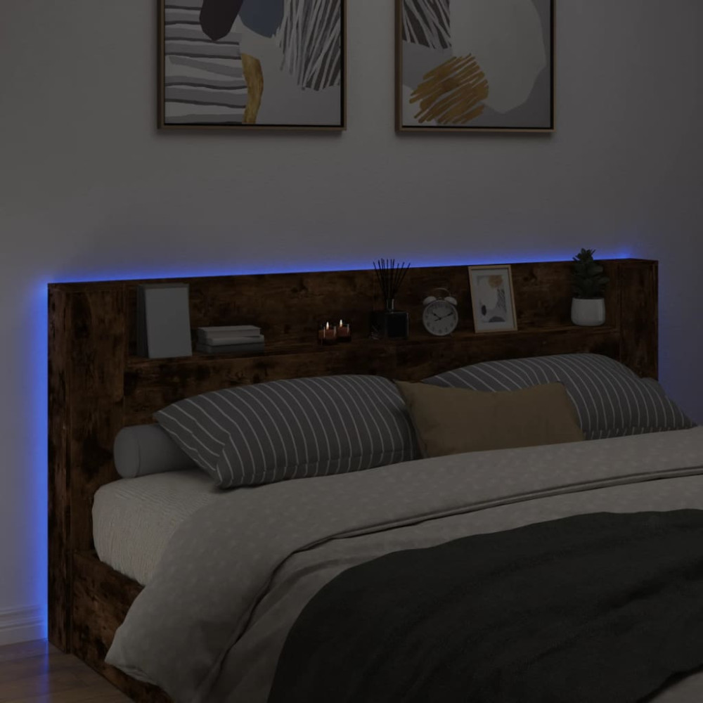 Produktbild för Sänggavel med LED rökfärgad ek 220x16,5x103,5 cm