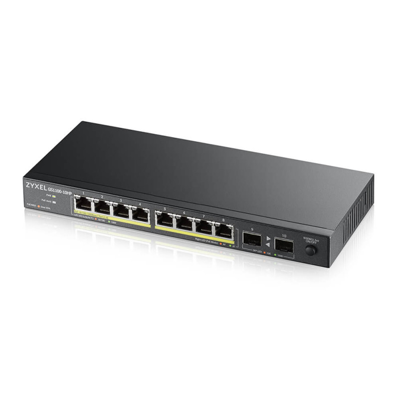 Produktbild för Zyxel GS1100-10HP v2 Ohanterad Gigabit Ethernet (10/100/1000) Strömförsörjning via Ethernet (PoE) stöd Svart