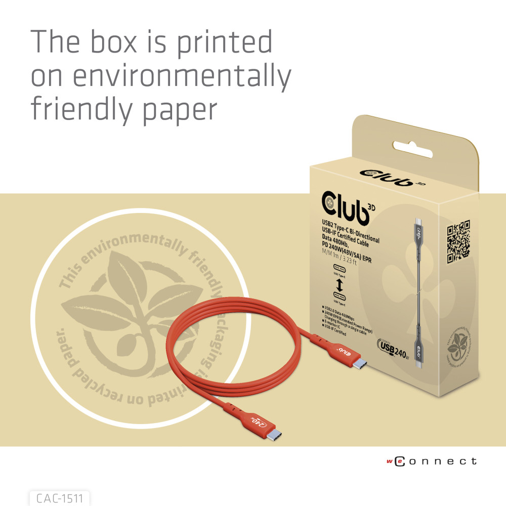 Produktbild för CLUB3D CAC-1515 USB-kablar 4 m USB 2.0 USB C Orange, Röd