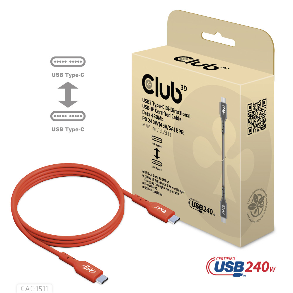 Produktbild för CLUB3D CAC-1515 USB-kablar 4 m USB 2.0 USB C Orange, Röd