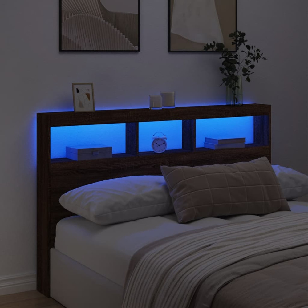 Produktbild för Sänggavel med LED brun ek 160x17x102 cm