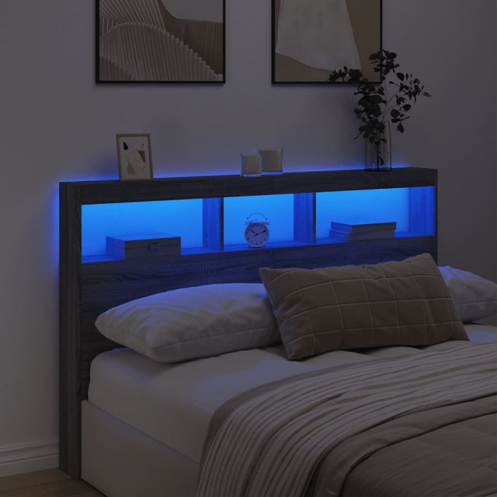 Produktbild för Sänggavel med LED grå sonoma 160x17x102 cm