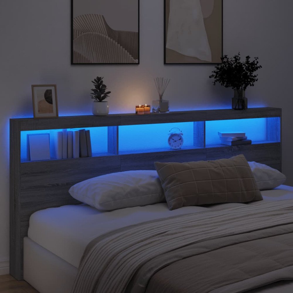 Produktbild för Sänggavel med LED grå sonoma 220x17x102 cm