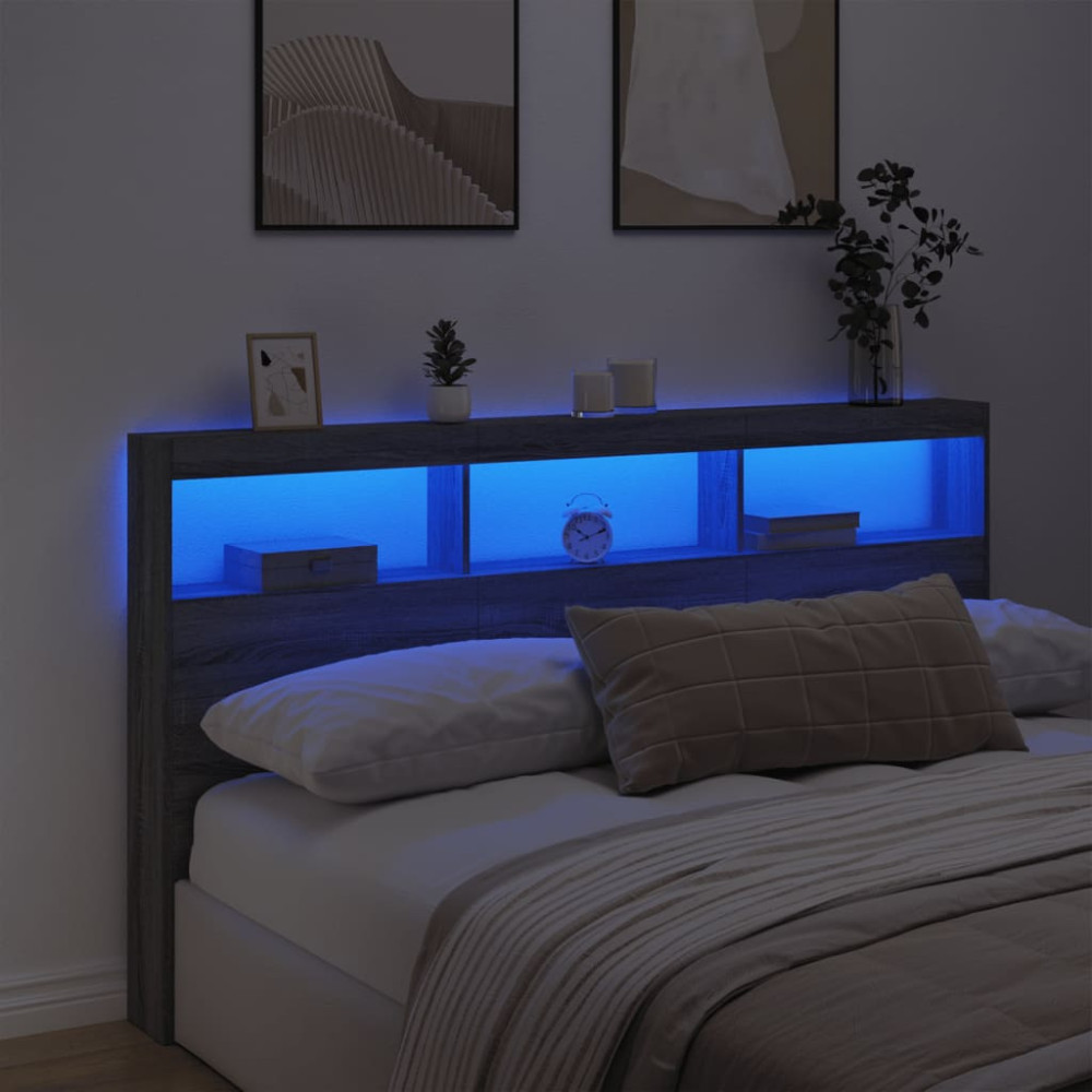 Produktbild för Sänggavel med LED grå sonoma 180x17x102 cm