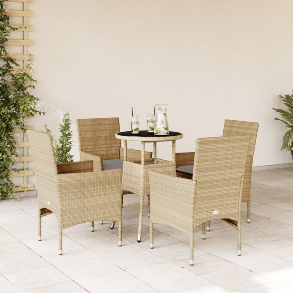 Produktbild för Matgrupp för trädgård med dynor 5 delar beige konstrotting&glas