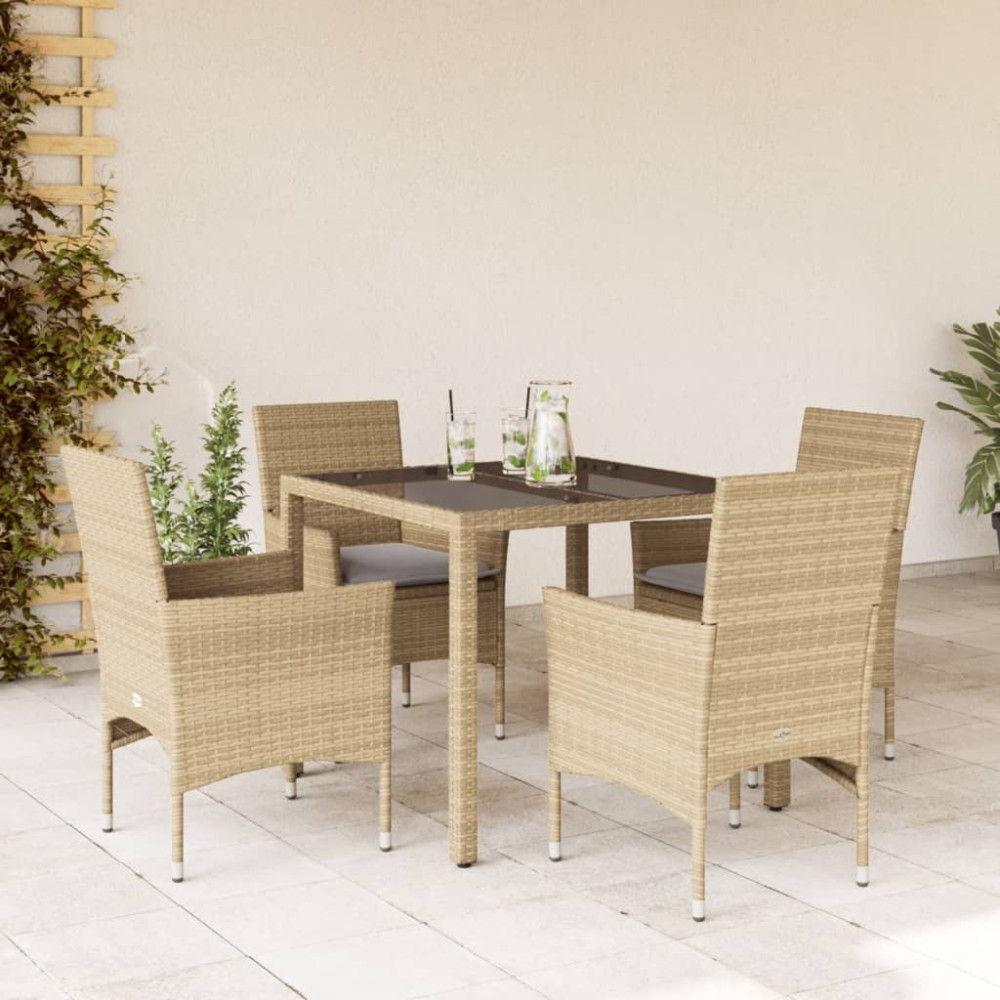 Produktbild för Matgrupp för trädgård med dynor 5 delar beige konstrotting&glas