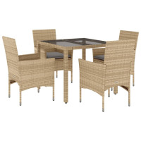 Produktbild för Matgrupp för trädgård med dynor 5 delar beige konstrotting&glas