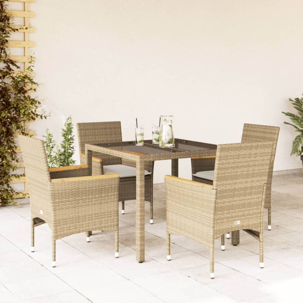 Produktbild för Matgrupp för trädgård med dynor 5 delar beige konstrotting&glas