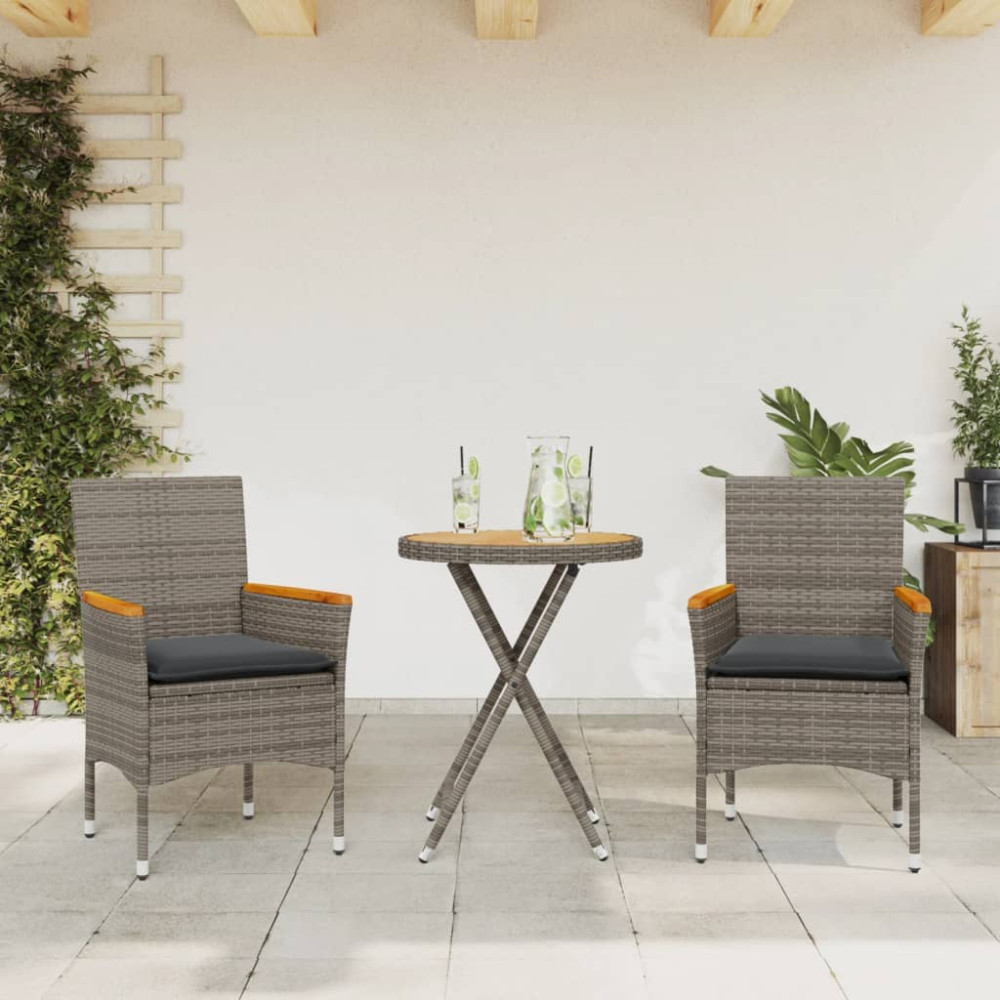 Produktbild för Bistrogrupp med dynor 3 delar grå konstrotting och akaciaträ