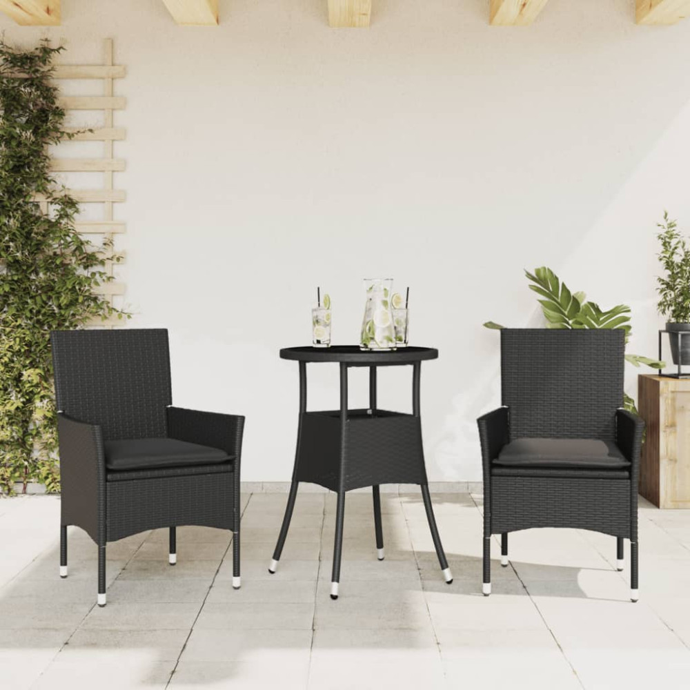 Produktbild för Matgrupp för trädgård med dynor 3 delar svart konstrotting&glas