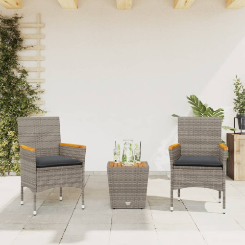 vidaXL Bistrogrupp med dynor 3 delar grå konstrotting och glas