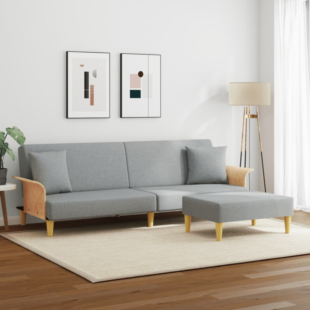 Produktbild för Bäddsoffa 2-sits med kuddar och fotpall ljusgrå sammet