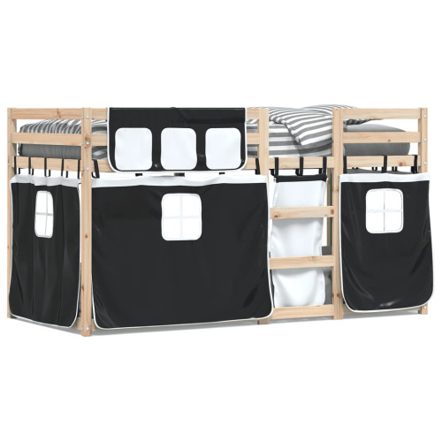 vidaXL Loftsäng med gardiner vit&svart 90x190 cm massiv furu - Sängar & Sängramar
