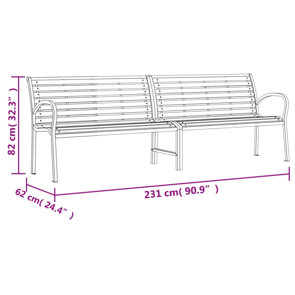 Produktbild för Trädgårdsbänk brun 231 cm trä & pulverlackerat stål