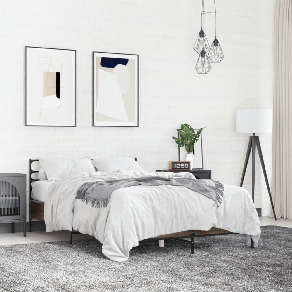 Produktbild för Sängram brun ek 135x190 cm konstruerat trä och metall