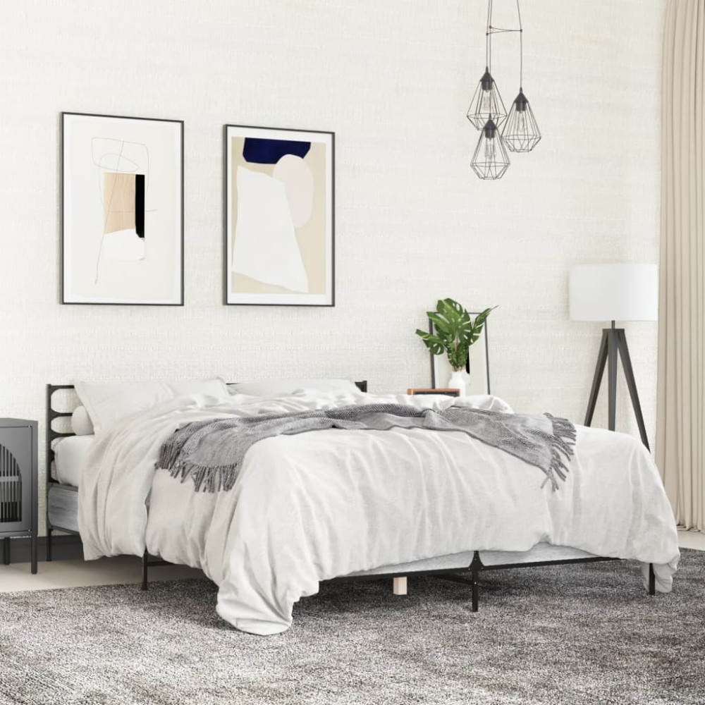 Produktbild för Sängram grå sonoma 135x190 cm konstruerat trä och metall
