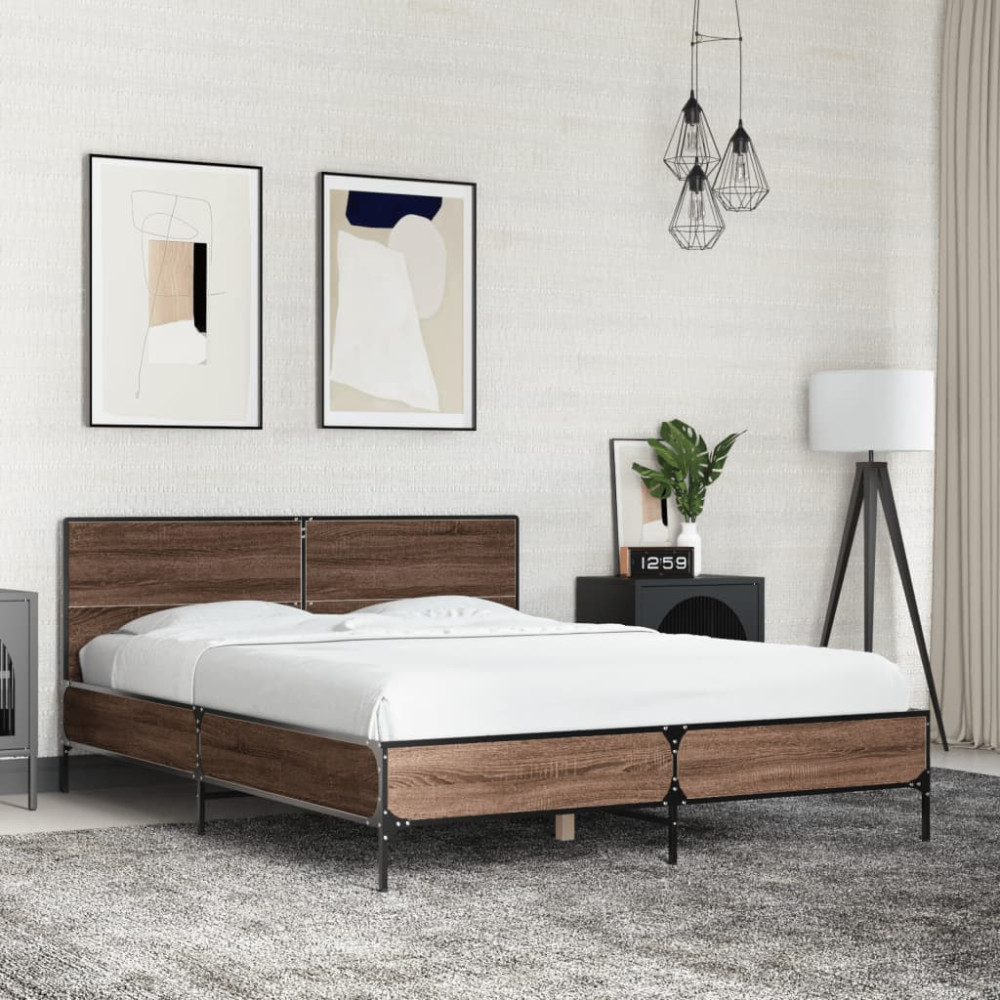 Produktbild för Sängram brun ek 120x190 cm konstruerat trä och metall