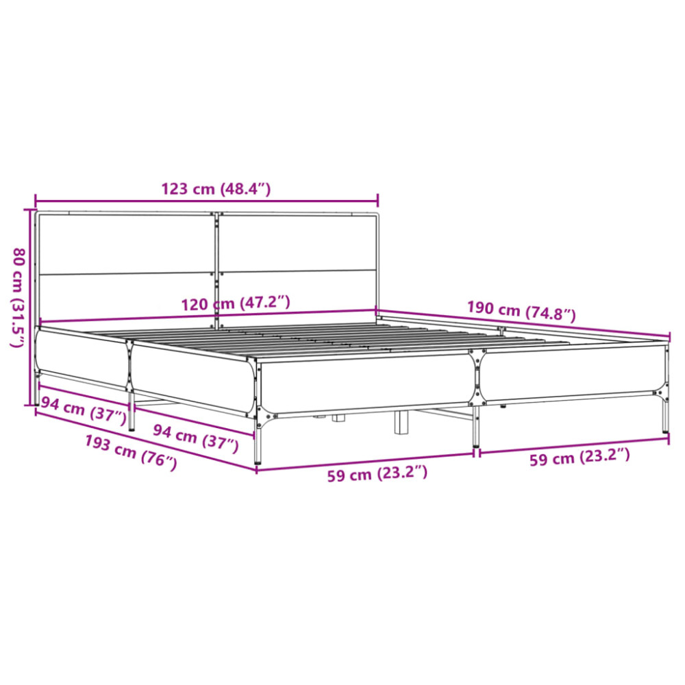 Produktbild för Sängram brun ek 120x190 cm konstruerat trä och metall