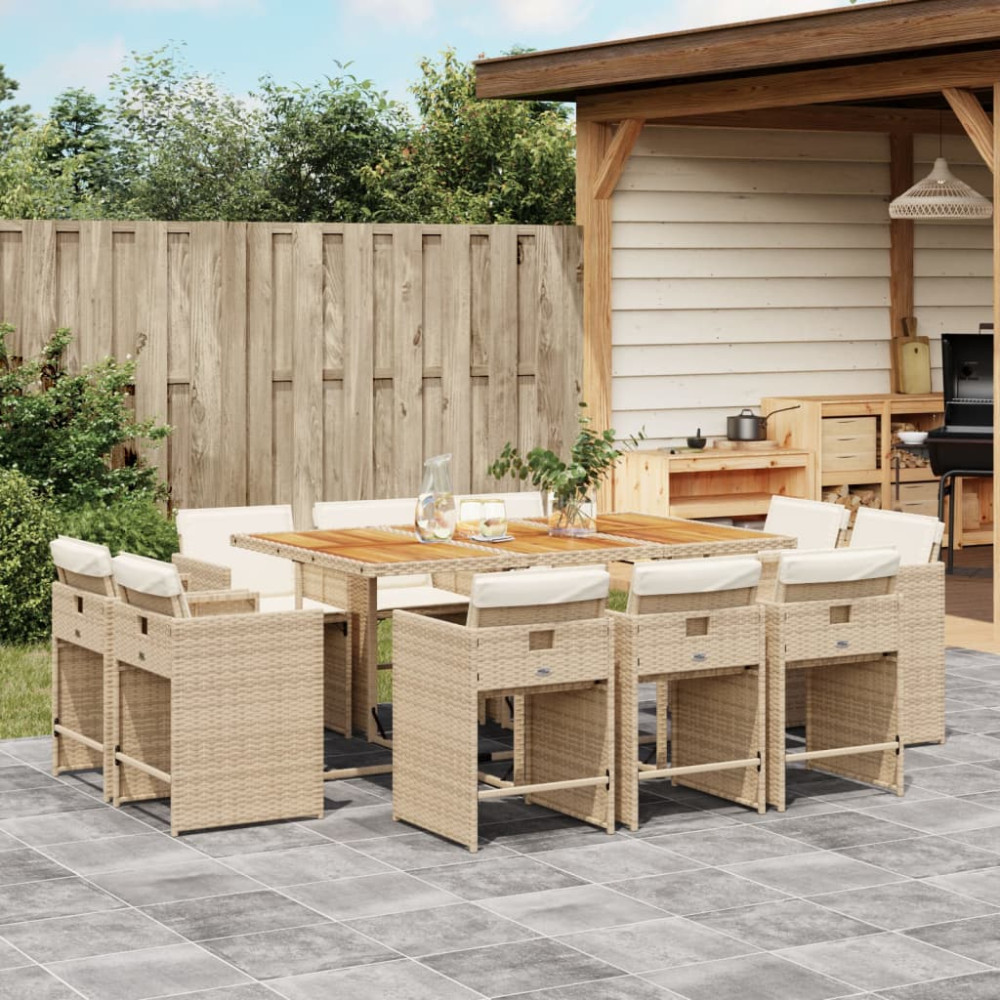 Produktbild för Matgrupp för trädgården med dynor 11 delar beige konstrotting