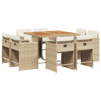 Produktbild för Matgrupp för trädgården med dynor 9 delar beige konstrotting