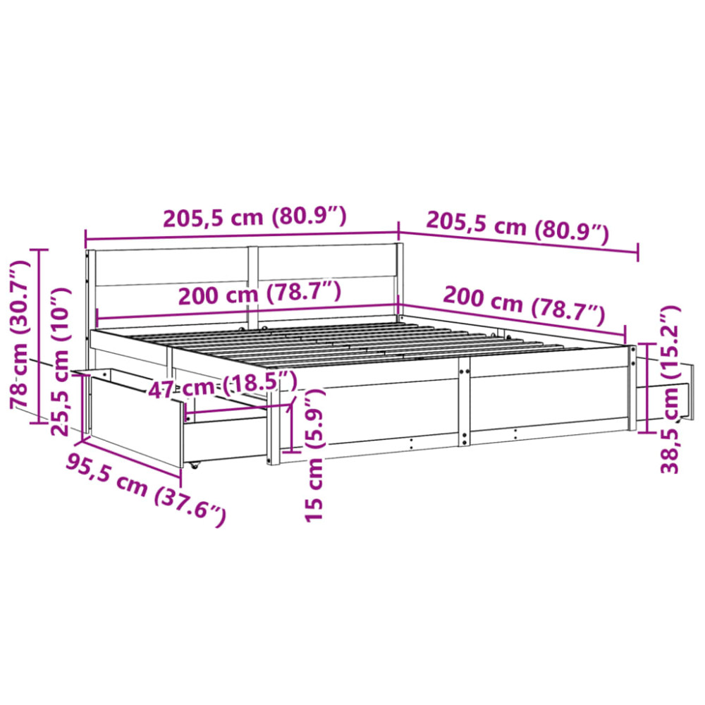 Produktbild för Sängram utan madrass vaxbrun 200x200 cm massiv furu