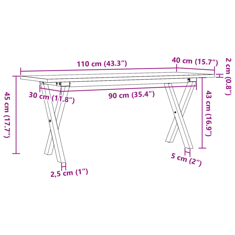Produktbild för Soffbord X-ram 110x40x45 cm massiv furu och stål