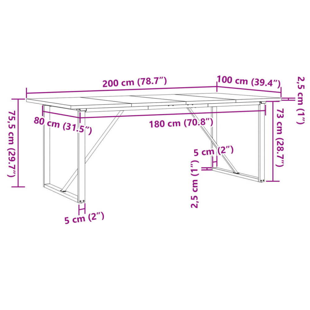 Produktbild för Matbord O-ram 200x100x75,5 cm massiv furu och stål