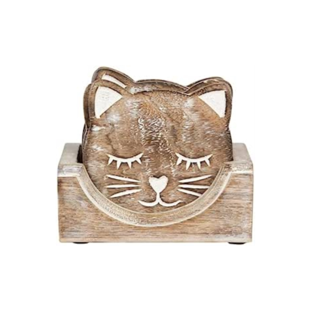 Produktbild för Sass & Belle Wooden Carved Cat Coaster - Set of 6