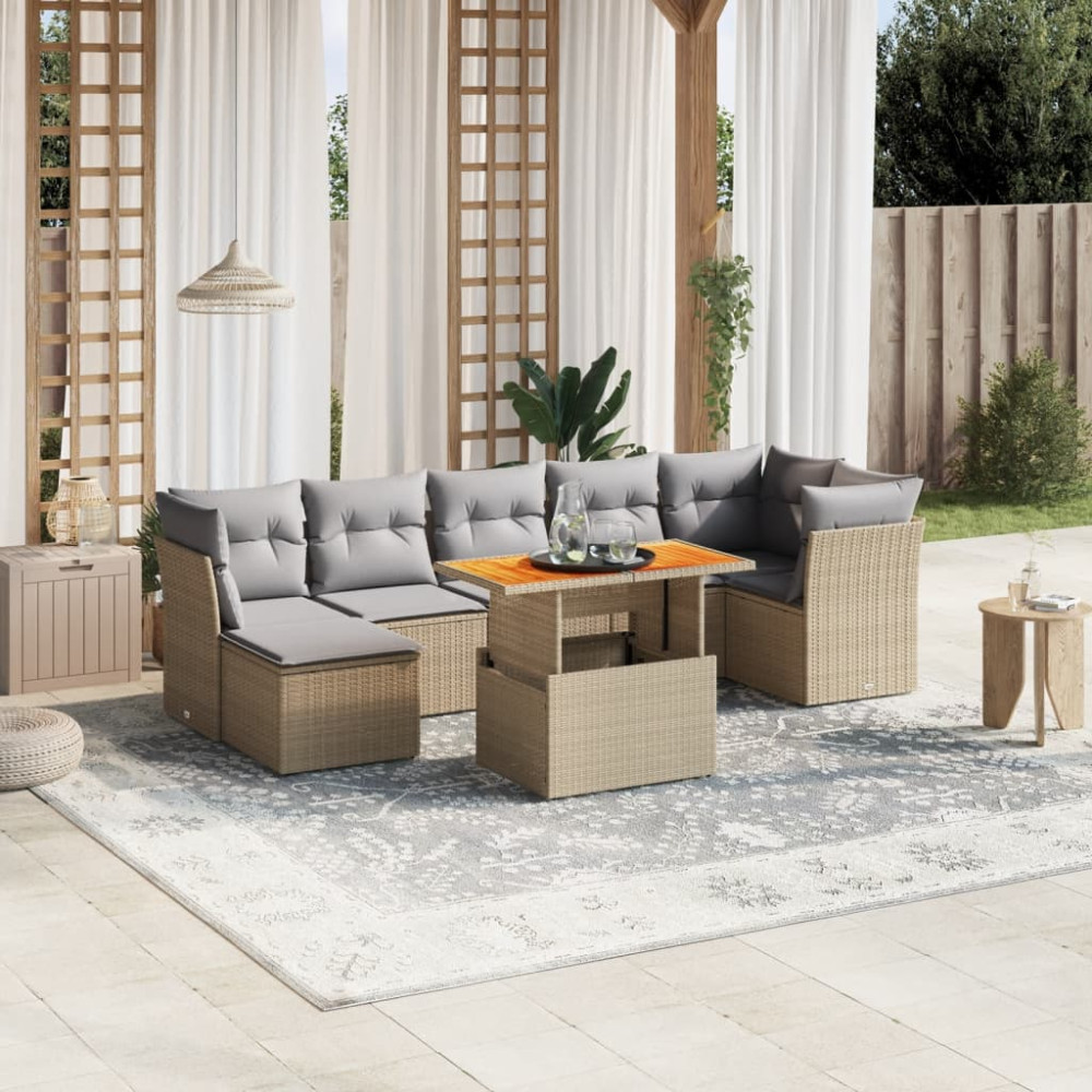 Produktbild för Matgrupp för trädgården med dynor 8 delar beige konstrotting
