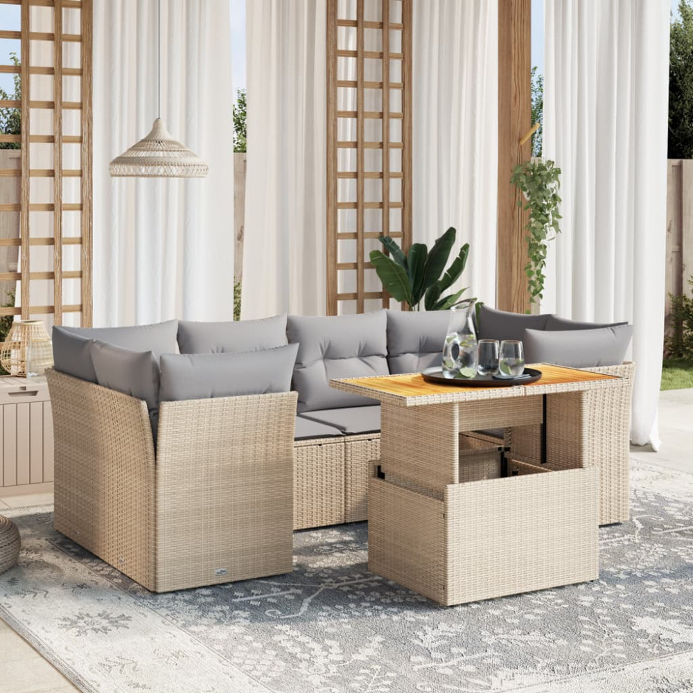 Produktbild för Matgrupp för trädgården med dynor 7 delar beige konstrotting