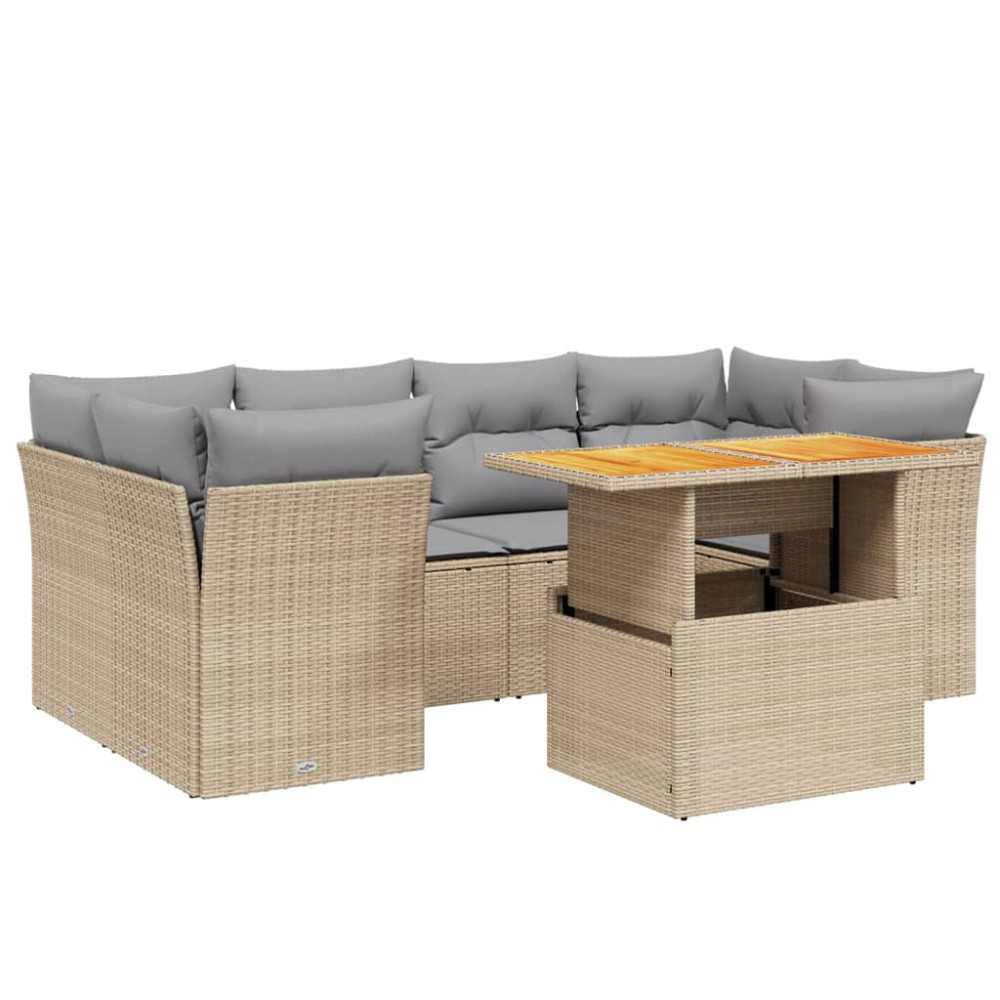 Produktbild för Matgrupp för trädgården med dynor 7 delar beige konstrotting
