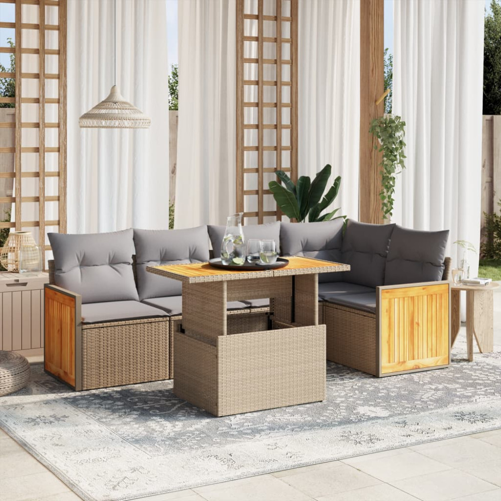 Produktbild för Soffgrupp för trädgården med dynor 6 delar beige konstrotting