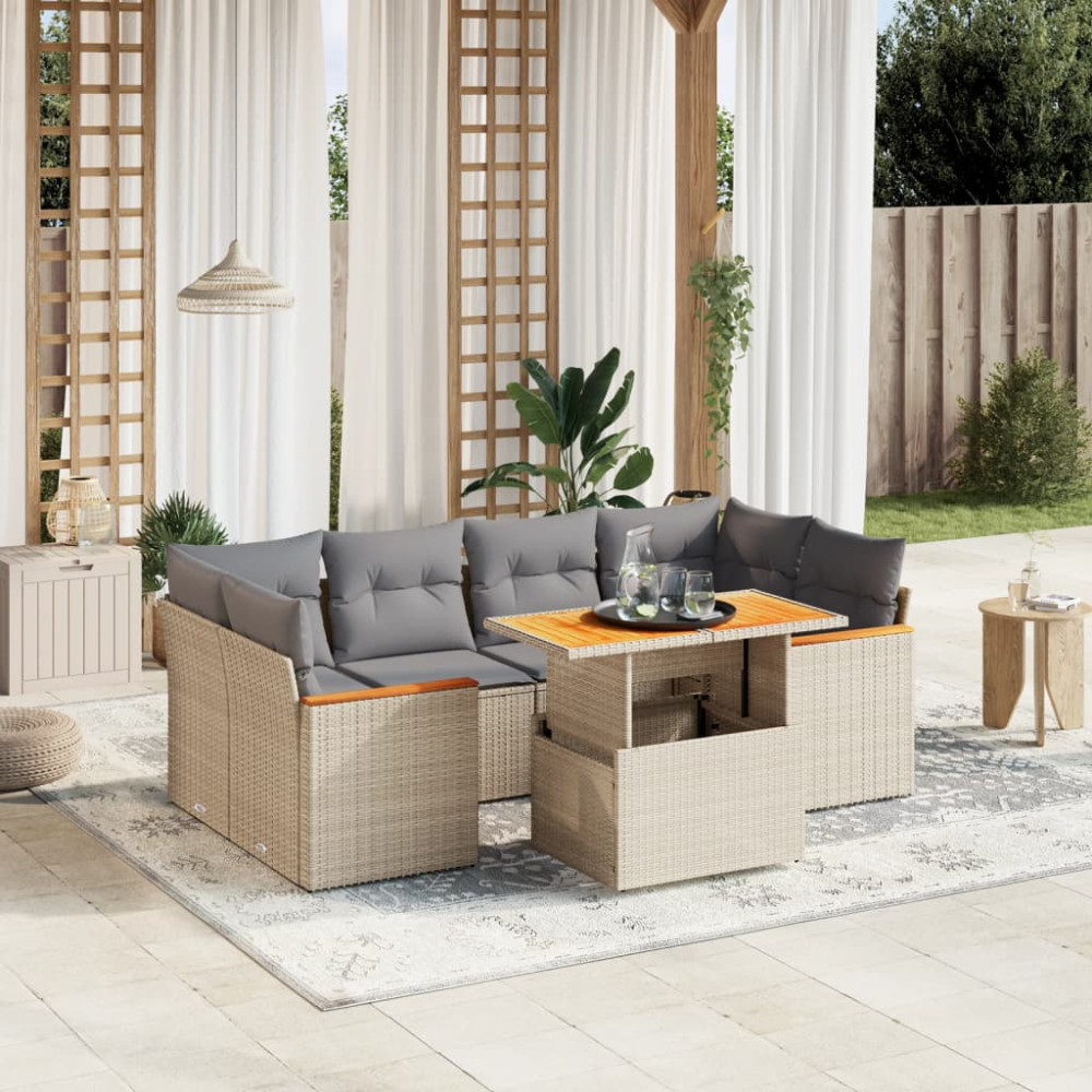 Produktbild för Matgrupp för trädgården med dynor 7 delar beige konstrotting