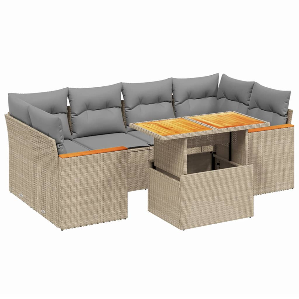 Produktbild för Matgrupp för trädgården med dynor 7 delar beige konstrotting