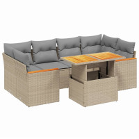 Produktbild för Matgrupp för trädgården med dynor 7 delar beige konstrotting