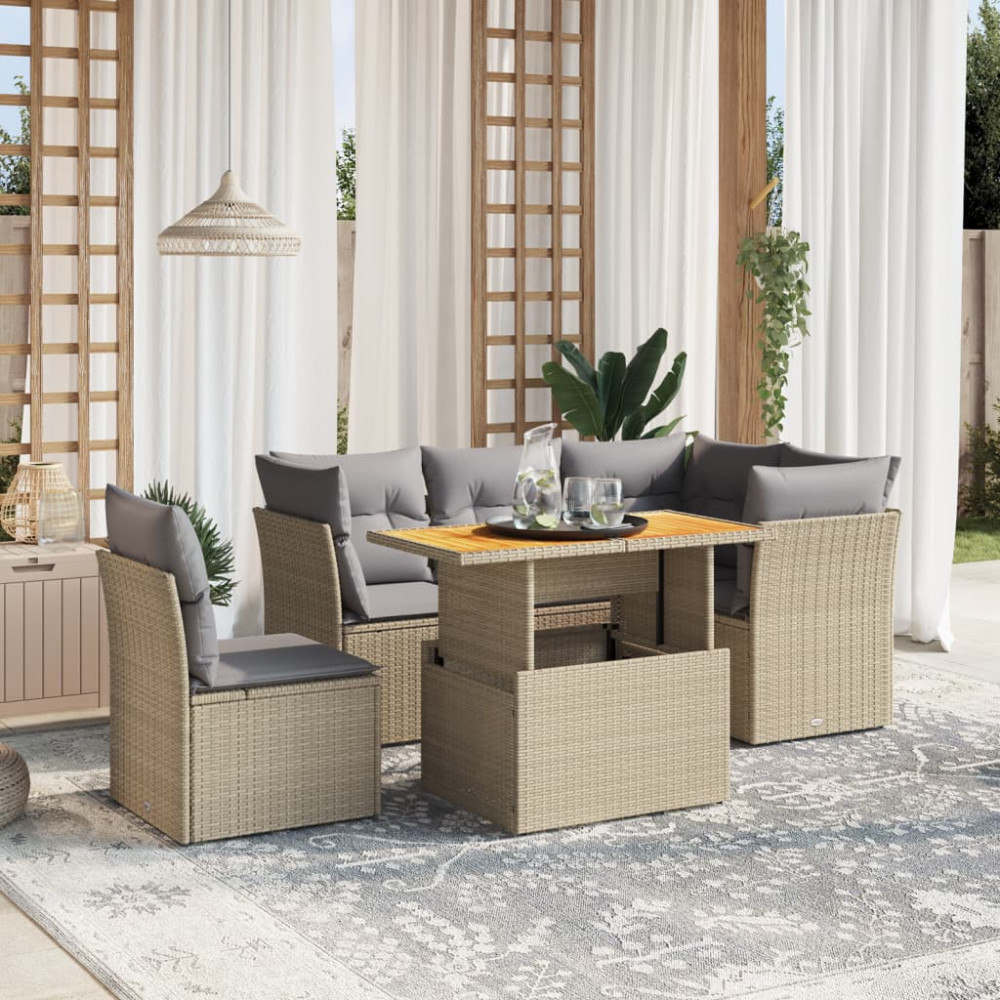 Produktbild för Soffgrupp för trädgården med dynor 5 delar beige konstrotting