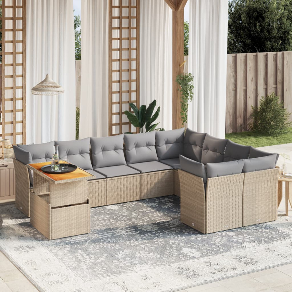 Produktbild för Soffgrupp för trädgård med dynor 10 delar beige konstrotting