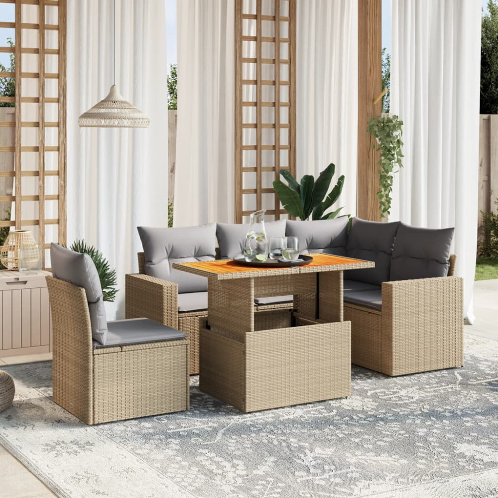 Produktbild för Soffgrupp för trädgården med dynor 6 delar beige konstrotting