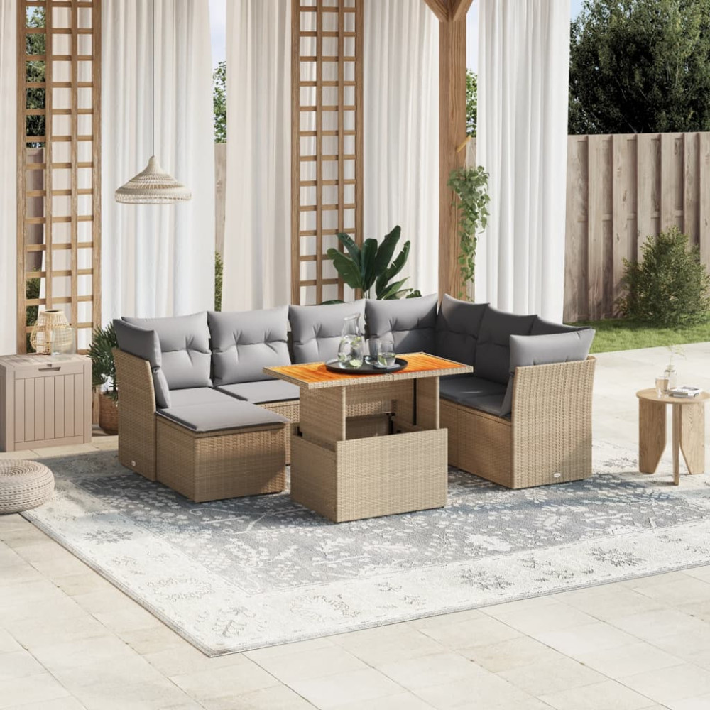 Produktbild för Matgrupp för trädgården med dynor 8 delar beige konstrotting