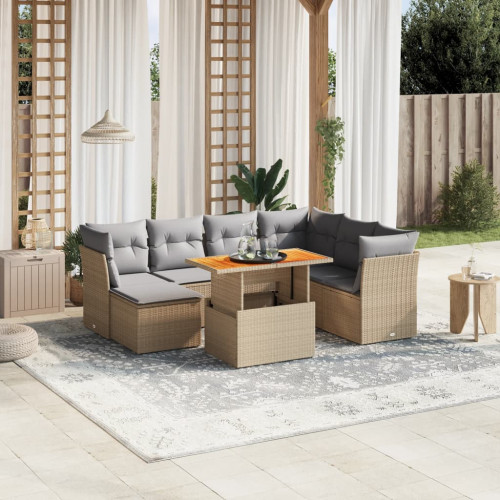 vidaXL Matgrupp för trädgården med dynor 8 delar beige konstrotting