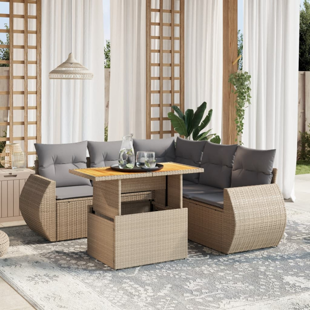 Produktbild för Soffgrupp för trädgården med dynor 6 delar beige konstrotting