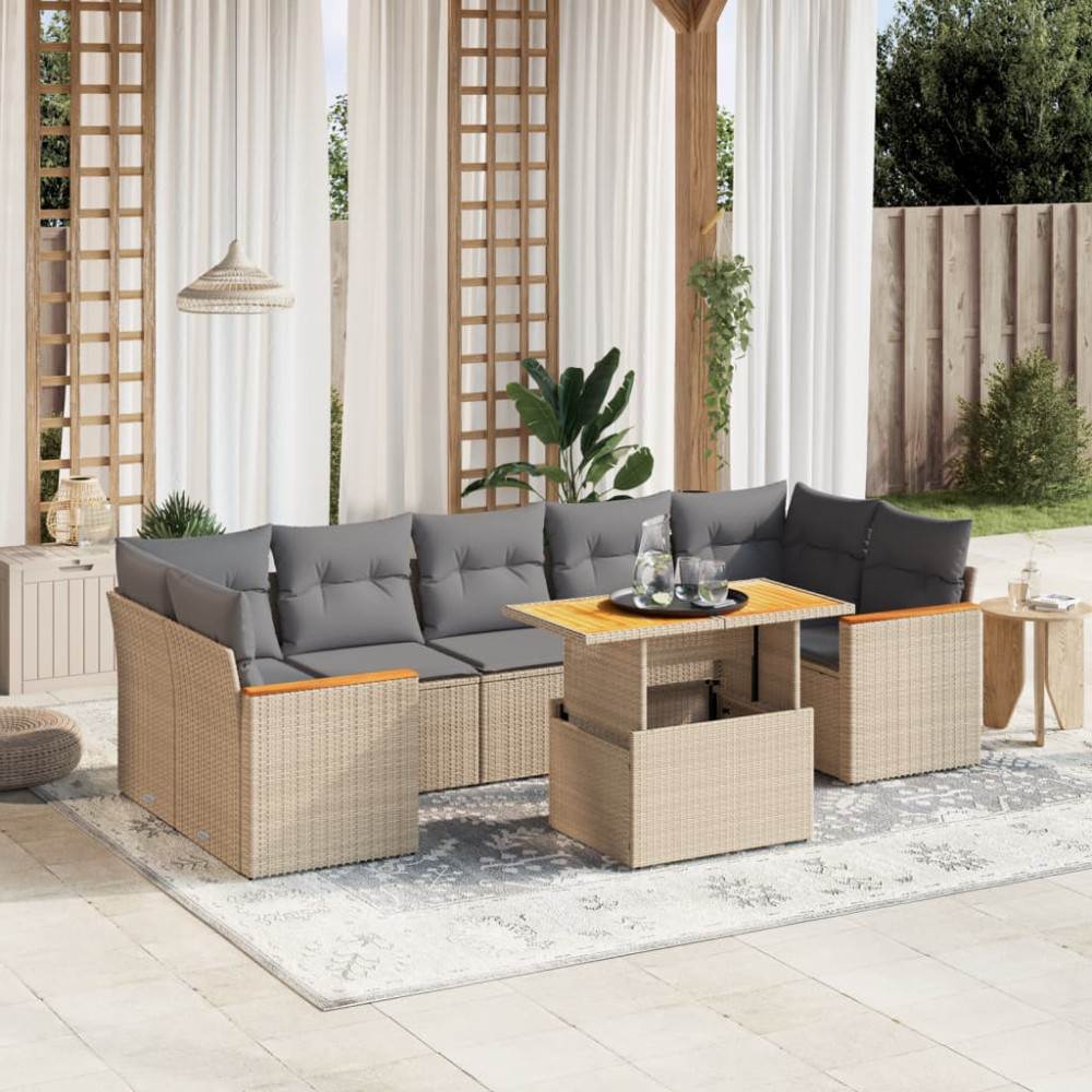 Produktbild för Matgrupp för trädgården med dynor 8 delar beige konstrotting