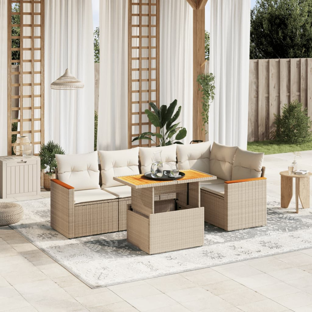 Produktbild för Soffgrupp för trädgården med dynor 6 delar beige konstrotting